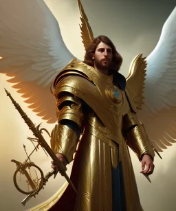 San Michael Archangel, male divine justice, head and shoulders portrait, 8k resolution concept art portrait by Greg Rutkowski, Unreal Engine 5 volumetric lighting