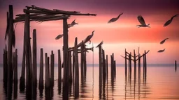 Large birds fly between long, fragile bamboo pillars that support dilapidated cabins in uncertain balance, over a calm sea where small fishing boats work, in an atmosphere of reddish sunset