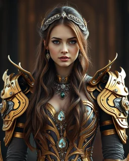 Photography,pretty women,full body,standing looking front view,brown long hair, long gown dress, mechanical golden armor,delicate gold and full diamonds colors crystal jewelrys,silver metalic parts, golden parts, intricate armor, detailed part,Movie Still