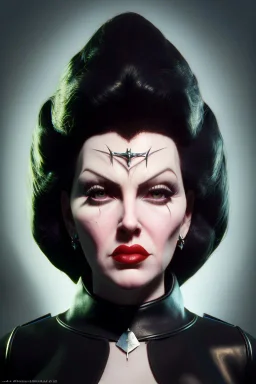 Lana Turner as evil queen in black leather, leather, busty, cleavage, angry, stern look. character design by cory loftis, fenghua zhong, ryohei hase, ismail inceoglu and ruan jia. unreal engine 5, artistic lighting, highly detailed, photorealistic, fantasy