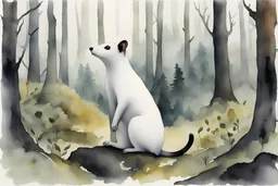 watercolor painting of a black ermine in a primeval forest. standing upright