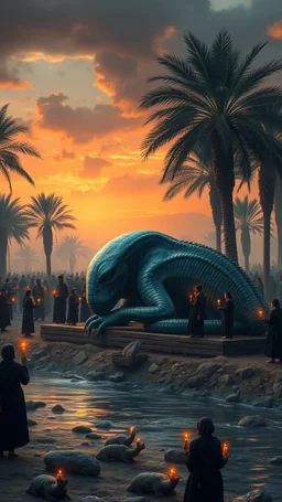A huge anunnaki creature looks like alien laying down on a bench of wood surrounded by date palms and many people holding candles all wearing black customs close to the river of tigers cloudy sunset environment