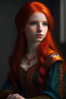 Human, 19yo girl, redhair, medieval, fantasy, jester suit