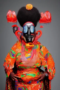 Portrait voluptuous African lady wearing a Noh mask, full body shot, full-color medium shot