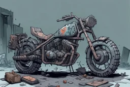 motorcycle, comic book,post-apocalypse, gray background,