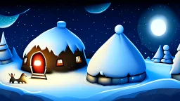 cartoon illustration: North Pole night, nature and igloos