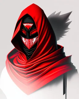 Draw an illustration with a red and black hood and a dragón mask over they eyes, front view