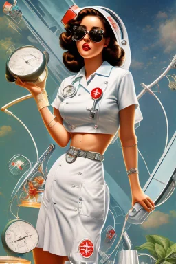 Retro-futuristic intricately drawn nurse Pin up Poster, detailed face. Beautiful woman. big retro sunglasses, body tattooed, bra, stockings, Full body hiphop street wear drip highly detailed, hyper detailed painting, complex, 8K, HD