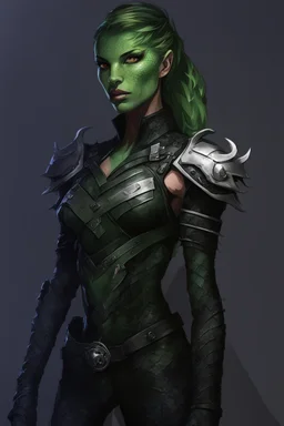 female snake humanoid, green scales, wearing a black leather armor, dungeons and dragons