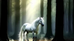 Unicornio en bosque brumoso, pelaje blanco luminoso, cuerno cristalino, luz suave filtrada entre árboles, estética etérea