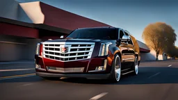 A sleek with livery (((Customized gangsters lowrider cadillac escalade))), its contours and details perfectly captured in a (((cinematic view))), zipping along a winding road under a beautiful blue fresh morning sky