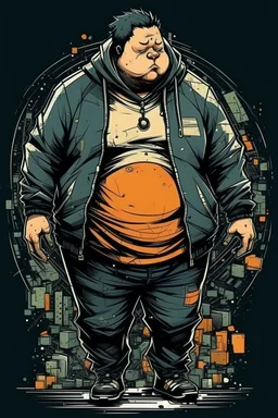 fat boy, hoodie , , cyberpunk,, comic book art style, geek, engineer, t-shirt, jeans, drug addict, ,