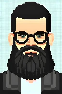 8bit profile photo of a white man with a black beard, black hair and black glasses. Fit character. Small beard.