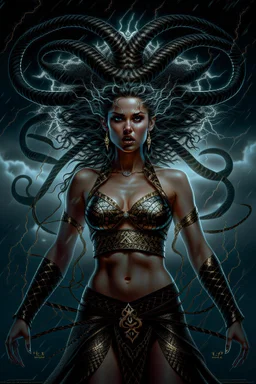 Fhoto full body, reality, Raw, Medusa girl, super power magic storm, very angry, killer, digital art, intricate details, powerful composition, captivating, trending on artstation, sharp focus, studio photo, intricate details, highly detailed, by addiedigi