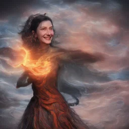 Beautiful portrait of a smiling witch running the rags of water and fire and wind and dirt with a brilliant wood and crystalline with a variety of colors with a background of the great and beautiful dragons flying in the nucleus heaven and with a background of a large snake with several heads