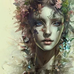 singer Danish MØ face,Style Yoji Shinkawa, watercolor illustration , Dryad, plants, wildflower,