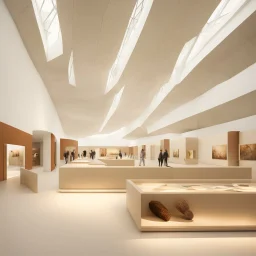 Museum design with “interactive exhibition halls”, natural lighting, modern style, earthy colours