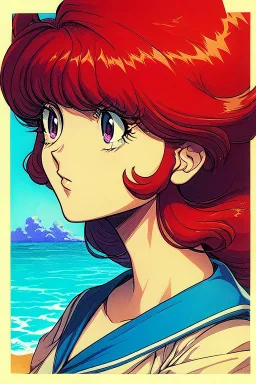 1girl, retro anime, 80's, redhead,portrait, synth-wave, beach