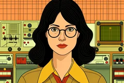 Wes Anderson cartoon of a dark haired and brown eyed woman who is a feminist and computer scientist