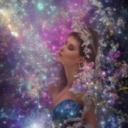 one big crystal subtle flower in a galactic ambiance with a beautiful fairy, transparent petals,