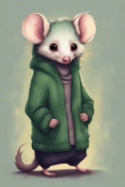 Green opossum wearing cardigan cute art