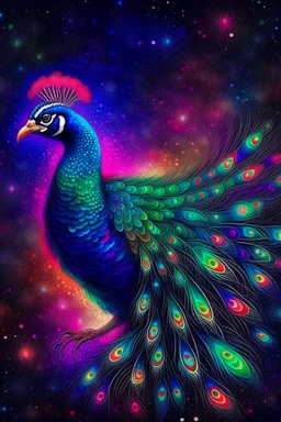 "Create a mesmerizing digital artwork that combines the ethereal beauty of a starlit galaxy with the intricate patterns and vibrant colors found in a peacock's plumage. Infuse a sense of cosmic wonder and regal elegance into the composition, allowing the viewer to be transported to a realm where celestial and earthly aesthetics harmoniously converge."