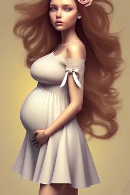 girl, cute, beautiful, pregnant, cottagecore dress, long hair, brown hair, brown eyes, wedding ring