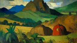 A brown mountain with rune stones painted by Paul Gauguin