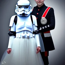Portrait photo of a storm trooper with his beautiful wife on his wedding day