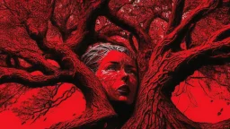 red tree, highly detailed, beautiful desktop wallpaper, comic style, human faces on tree
