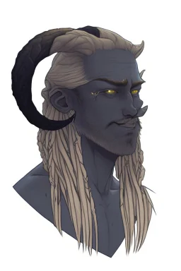 A tieffelin with blue skin and white Dreadlock hair. His pupil-less eyes are green. He wears a small beard.