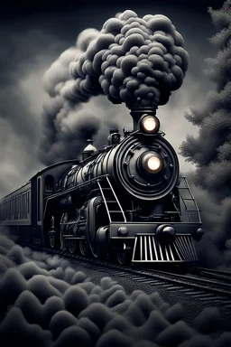 A steam train made of swirling smoke, with intricate patterns and designs on the locomotive's body. The artwork uses focus stacking and digital art techniques to create a surreal and detailed background. The dark, white and gray style depicts hyperrealistic sculptures and hyperdetailed illustrations of surreal and dreamy landscapes in the style of hyperphotorealism. Silver, black and grey colors are used.