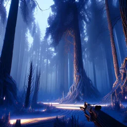 epic horrific wasted forest in night with black shade, 8k resolution, ultra hyperdetailed, Unreal Engine 5, ultra colourful, very small details, realistic