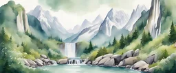 Illustrate a breathtaking landscape featuring towering snow-capped mountains, lush green valleys, and cascading waterfalls, linear, watercolour