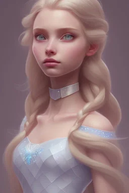 20 year old girl, cute, beautiful, blonde hair, Elsa hair, blue eyes, big eyes, pale skin, blue dress, ice dress, long eyelashes, pink lipstick, thin lips, small nose, 8k resolution concept art portrait by Greg Rutkowski