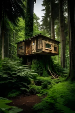 a tiny house in the high end of a big tree, in the middle of a dense forest.
