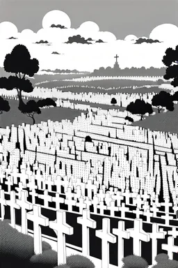 landscape, open air flat cemetery with thousand crosses, manga style, grayscale