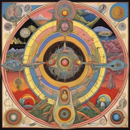 Surreal composition by Paul Laffoley, colorful landscape biomorphic abominations, weirdcore,