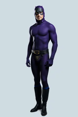 full-length, A portrait of a the Phantom, a man with piercing blue eyes, a chiseled jaw, goatee, timeless face, stern expression, Wearing a skintight formfitting purple cotton hero suit with a skintight cowl with a widows peak that fits tight to his head, but does not cover his face, he wears a thin, black leather, bandit eye disguise over his eyes, black and blue diagonally striped trunks, dual-holstered pistol belt adorned with a triangle skull-shaped buckle with leg straps, knee-high boots
