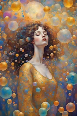 woman in a world of bubbles, colorful, painterly, like a painting, mystical, wonder, mysterious, psychedelic art, gustav klimt style, gold leaf, romantic, art nouveau