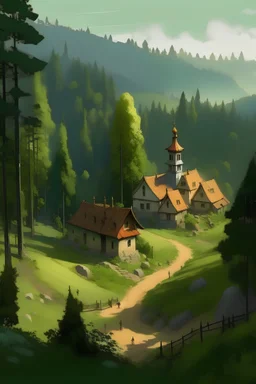 ein Dorf im Wald mit einer kleinen Kappelle auf einem Hügel dahinter