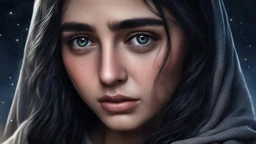 Hyper Realistic middle-angle-view of a Sad-Young-Beautiful-Pashto-Woman-with-beautiful-eyes-with-tears-&-long-black-hair at dark-night-with-stars-on-sky