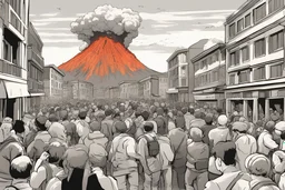 Make a scene, where people facing towards the camera, evacuating the city from a vulcano explison in the backround