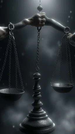 The scale of justice in a big hand , a lot of spidrs,surrealism of the dark of a nightmare ten miles high and six foot deep, hyper photorealistic, hyper detailed dark art color, high resolution, fog, octane render, tilt shift, HDRI Environment, all pictures dark gray