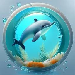 A cute little dolphin in a small circular fish tank.