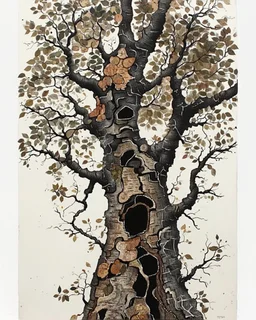 Abstract primitive tree composed of organic bark and leaf textures, fragmented into interlocking sections of varying magnification (macro veins, branch close-ups, distant silhouettes), all fused with no boundaries; rough charcoal, angular limbs and leaves, each section using distinct hatching densities and mark systems, high-contrast black on white, naive cubist/raw sketch style, continuous bleeding collage, square frame, edge-to-edge. Colored in rich but soft earth tones with the blacks preser
