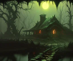 dynamic lighting, Intricately detailed, Splash screen art, deep color, Unreal Engine, volumetric lighting, dark fantasy artwork, dark swamp artwork, fantasy swamp artwork, cottage, night, fog,