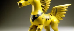 A yellow lightning elemental winged unicorn designed in ancient Egyptian pottery painted by Lyonel Charles Feininger