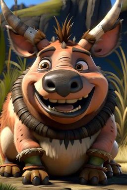 Pumba sitting and smiling with tusks