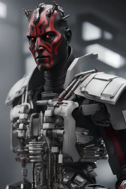 darth maul as a terminator samurai cyborg with detailed robot parts, 3/4 body scene, scifi futuristic scene, white style, hyperrealistic, 16k photo, octane render